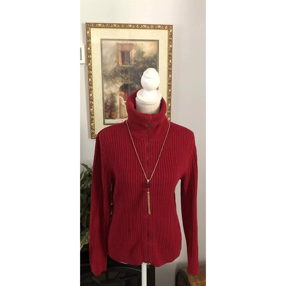 Liz Claiborne‎ Large Red Turtle Neck Sweater Full Zipper Front Long Sleeve